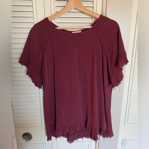 Entro brand, burgundy tunic top with distressed hems
